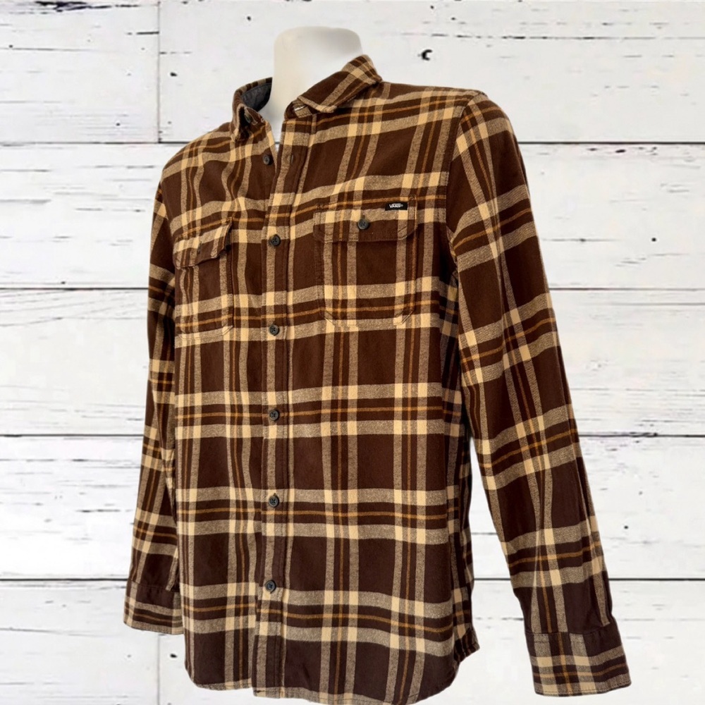 Vans Men’s Flannel Shirt (Small) | Brown Tan Plaid Long Sleeve Button-Up | 2022 - Picture 9 of 13